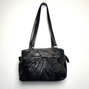 Vintage Leather Patchwork Black‎ Shoulder Bag Faux Leather Trim 3 Compartments